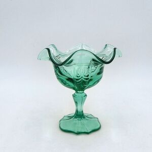 Fenton Pedestal Compote Empress Pattern Open Candy Sea Mist Green Ruffle 6 Inch